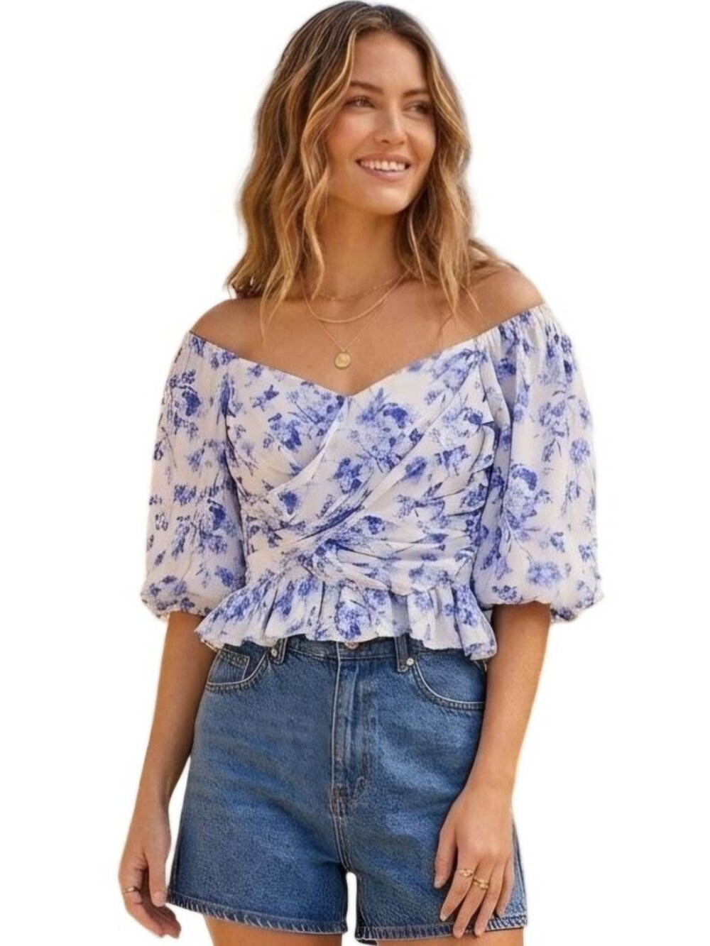 Entro Blue Toile Floral Puff Sieeve Off Shoulder Draped Front Peplum Top Size M